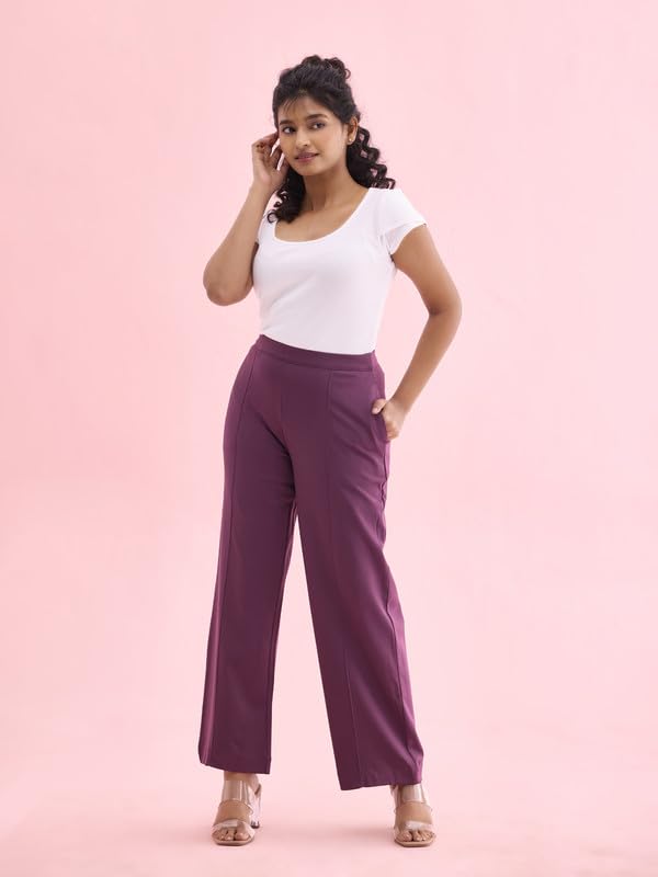 Image of GO COLORS Stretch Rayon Blend Ponte Wide Pants Full Length for Women| Breathable, High Rise