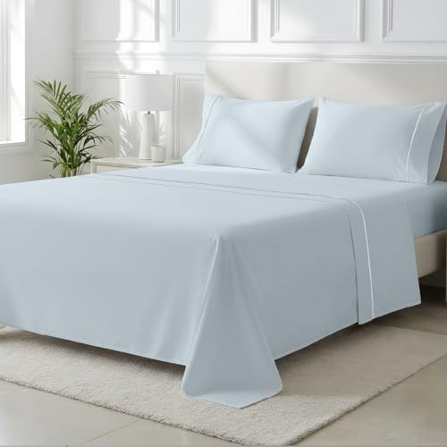 Image of THREAD SPREAD Luxury King Size Sheets Set - 2000 Series 100% Egyptian Cotton Cooling Sheets King Size (4 PC, Light Blue), Silky Soft, Cooling, Sateen Weave, 17 inch Extra Deep Pocket Hotel Bedding Set
