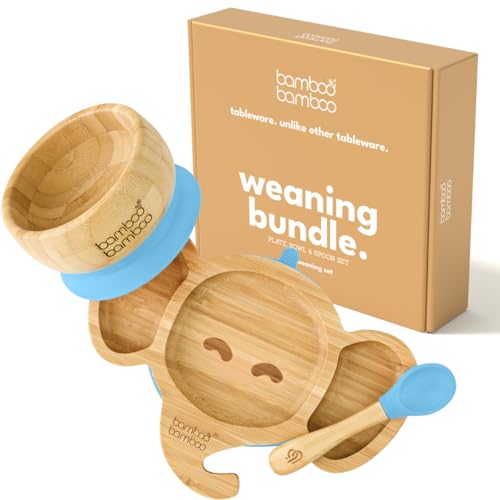 bamboo bamboo Plato Y Tazón Para Bebé, Set De Destete Con Succión Segura, Plato De Bambú En Forma De Elefante, Tazón Para Niños Y Cuchara, Vajilla Antideslizante Desde 6 Meses (Azul)