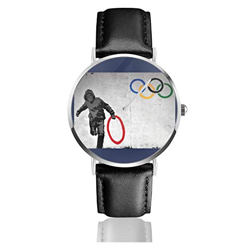 Banksy Olympic Ring Thief, Uhren Quarz Lederuhr mit schwarzem Lederband für Sammlung Geschenk