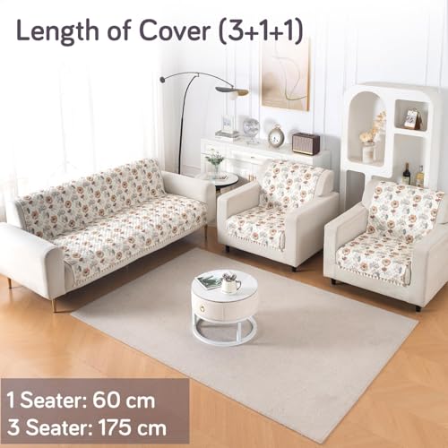 Image of HOKIPO Wildflower Breeze Quilted Sofa Cover 5 Seater Set - Washable 3+1+1 Sofa Cover for Seat & Back with Tassel Design | 'Tassel Twigs' Series (NEW-IN-991-T7 + IN-989-T7)