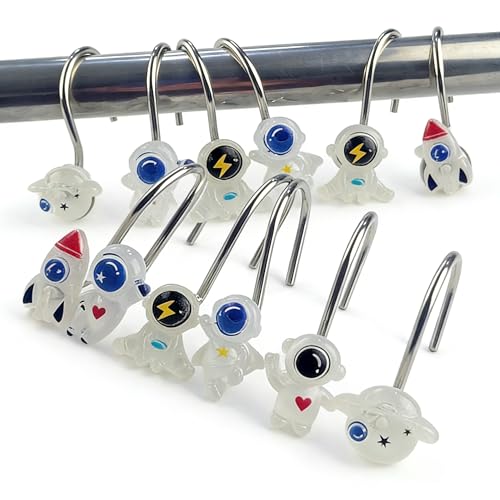 Two Fish Home Fashions Set of 12 Decorative Spaceman Resin Shower Curtain Hooks, Spaceman Resin Curtain Rings Pack of 12