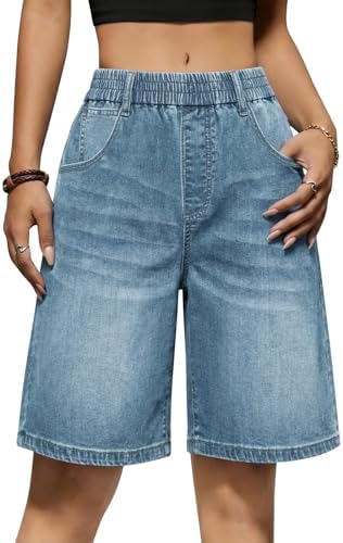 Yousify Womens Bermuda Jean Shorts Elastic Waisted Long Denim Sho...