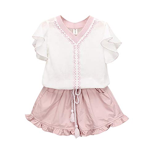 Toddler Girl Clothes Summer Shorts Set Ruffle Floral Shirt Tops + Short Pants + Belt Baby Girl Outfits (Pink, 5-6 Years)