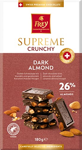 Frey Supreme Dark Crunchy Almond 180g - Cocoa 26% Minimum - Swiss Premium Chocolate - Rainforest Alliance Certified - Chocolate Bar