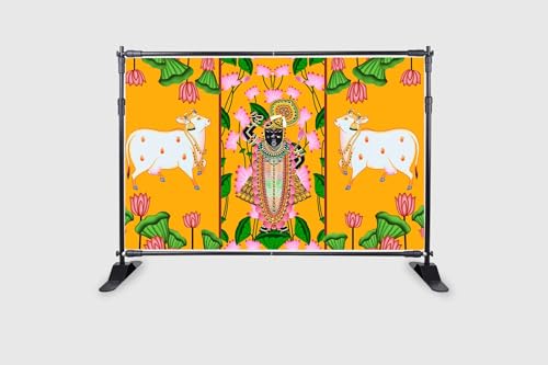 Image of Two Cow with Srinath ji Design Decoration Backdrop Cloth for Pooja Decoration Traditional Background Curtain Cloth for Pooja Festival Size 5 Feet Height and 8 Feet Width(5 * 8)