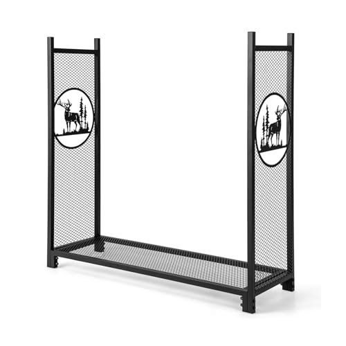 GOPLUS Range Bûches Chauffage CheminéeDécoratif Métal avec Pieds Surélevés et Motif, support à bois de chauffage pour Utilisation Intérieure et Extérieure, Support à Bois Chauffage pour cheminée