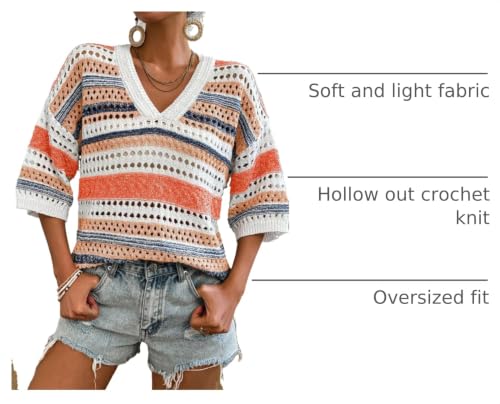 Image of Acelitt Crochet Tops for Women Summer Short Sleeve Sweater | Boho Striped Knit Top, 3 /4 Sleeve, Hollow Out Oversized Sweaters, Lightweight Blouses, Spring Fall Outfits for Beach Vacation