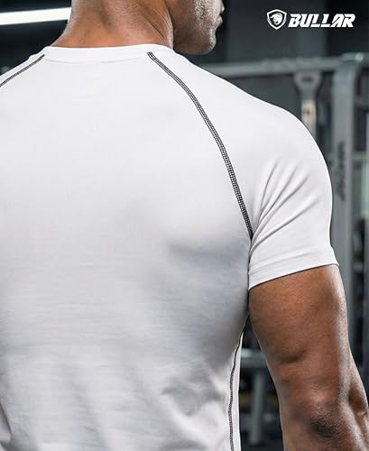 Image of BULLAR Men's Polyester Blend Compression T-Shirt, Half Sleeve Athletic Sports Tight, Crew Neck, Slim Fit Tshirt for Fitness and Workout