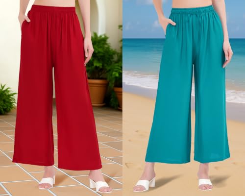 Image of Buy That Trendz Palazzo Pants for Women Rayon Elasticated Regular Fit Flared Wide Leg M to 6XL Pack of 2
