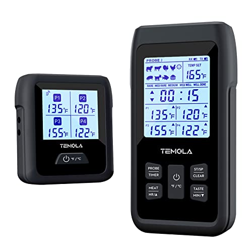 Grillthermometer kabellos Fleischthermometer, TM40 Bratenthermometer mit 4 Temperaturfühlern, FNST Bildschirm 490FT Fernbereich Grill thermometer digital für BBQ Grill Smoker Steak（Mit EPP Kasten）