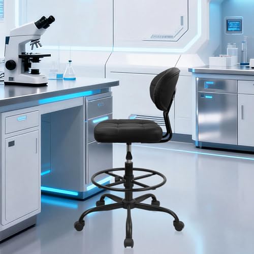 Image of KLASIKA Drafting Stool with Backrest, Tall Adjustable Height Office Chair, PU Leather Swivel Rolling Stool with Footrest & Wheels for Standing Desk, Bar, Salon, Spa, Lab, Counter, Home, Black,4PK