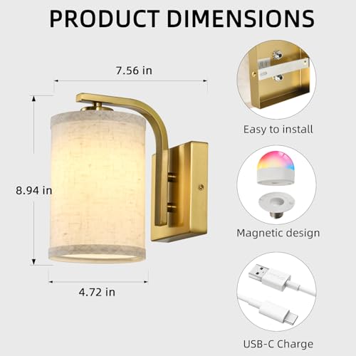 Image of Battery Operated Wall Sconces Set of Two, Dimmable Battery Wall Light with RGB Bulb, Rechargeable Wall Mounted Sconce Lamp with Remote Control for Bedroom, Living Room, Entryway, Gold