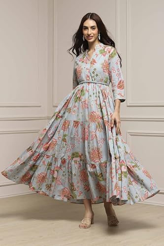 Image of Biba Women's Cotton 3 /4 Sleeves Calf Length Band Collar A-Line Floral Printed Casual Dress