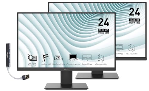 Image of msi PRO MP241X 24 inch FHD VA Monitor with 4ms Response Time, Anti Glare, Flicker Free, VESA Mount (75mm), HDMI, VGA & Dockztorm USB Port Expander, Black Color 2 Pack