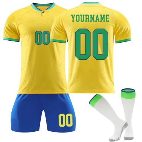 Maillot de Foot Bresil Personnalisé avec Nom Nombre pour Garçon Et Homme, Ensemble de Foot Entraînement T-Shirt Short et Chaussettes Set
