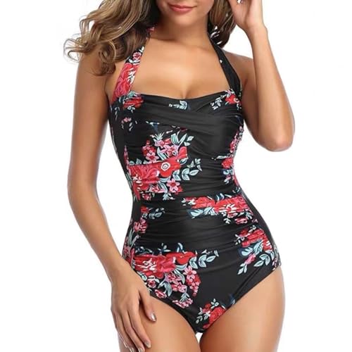 TYXHXTF Traje de Baño Una Pieza para Mujer, Bañador Reductor con Cuello en U, Tirantes Ajustables Bikini Retro, Control de Abdomen
