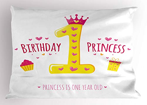 Ambesonne 1st Birthday Pillow Sham Set of 2, Words Design with Cartoon Girl Theme Party with Hearts Image, Quality Microfiber Bedding Item for All Seasons, 30