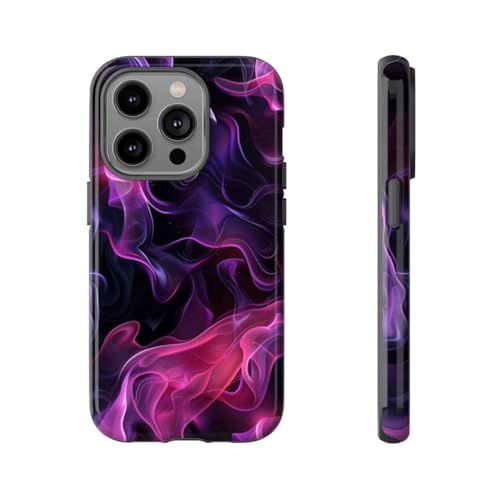 Coque rigide brillante iPhone 14 Pro à motif abstrait de flammes violettes et roses