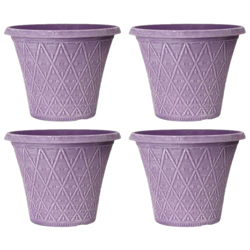 Fyne-Finds Set of 4 Round 30cm, 12inch Garden Plastic Material Plant Pot Raisin Purple Outdoor Planter Decorative Cover, Drainage Holes, Weather Proof, Frost Proof