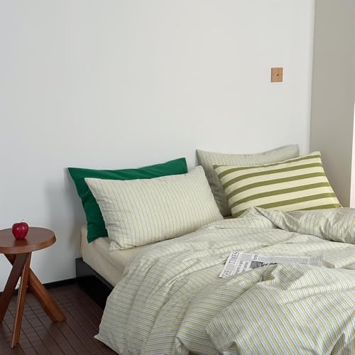Image of MKXI French Stripe Duvet Cover Set King - 3 Piece Vintage Aesthetic Bedding, 100% Washed Cotton, Yellow & White Vertical Stripes, Zipper Closure & Corner Ties, Modern Farmhouse Style