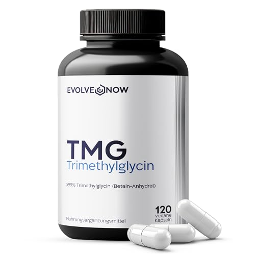 Evolve Now TMG Betain Trimethylglycin 120 vegane Kapseln 750 mg pro Kapsel Hochdosiert Laborgeprüft & Ohne Zusätze
