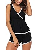 Ekouaer Schlafanzug Damen Pyjama Set Kurz Sommer Pyjama Spitze Nachtwäsche Ärmellos Sleepwear Set schwarz 3XL