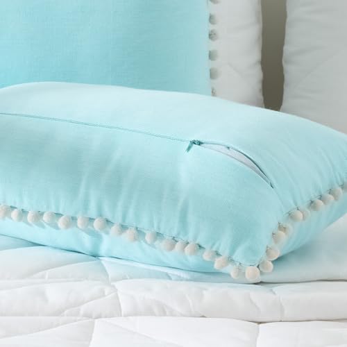 Image of 100% Cotton Pom Pom Cushion Without Filler, Elegant & Modern Cushion Cover for Living Room, Rectangle, 12 inchx20 inch, uni Chambray, Set of 4 - Baby Blue