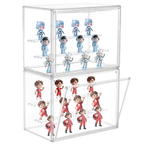 eYotto 2 Stück Acryl-Ausstellungsboxen für Sammlerstücke, Klare Stapelbare Bewegliche 3-Etagen Hobby-Ausstellungsfälle, Acryl-Ausstellungsbox mit Deckel und Magnettür für Figuren der Größe 12