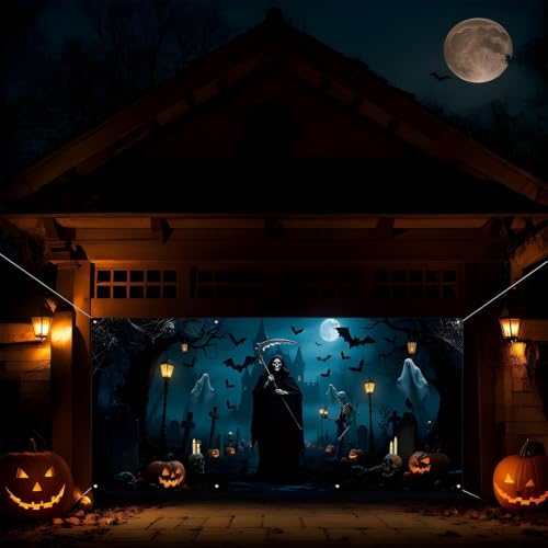 Pancarta de Halloween para puerta de garaje y decoración exterior de tela resistente 7
