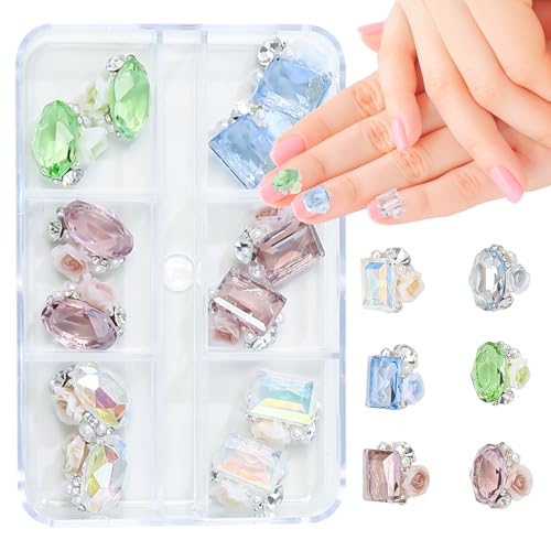 WOKOTO 12Pcs Pre-Designed Nail Art Jewelry 3D Nail Charms Crystals for Acrylic Nails Big Oval and Rectangle Nail Art Crystals Charms Gems Embeded Rose Flower Nail Art Charms and Gems Rhinestones