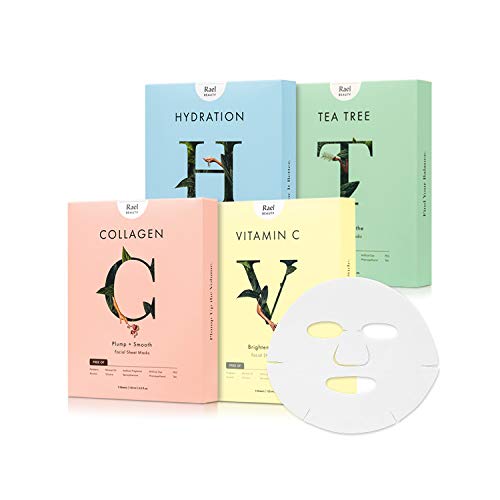 Rael Beauty Face Mask Sheets, Variety Pack, Gift Set, 20 Masks Total (5 Hydro Lock/Hydration Masks, 5 Vita Bright/Vitamin C Masks, 5 Youth Island/Collagen Masks, 5 Fresh Foward/Tea Tree Masks)