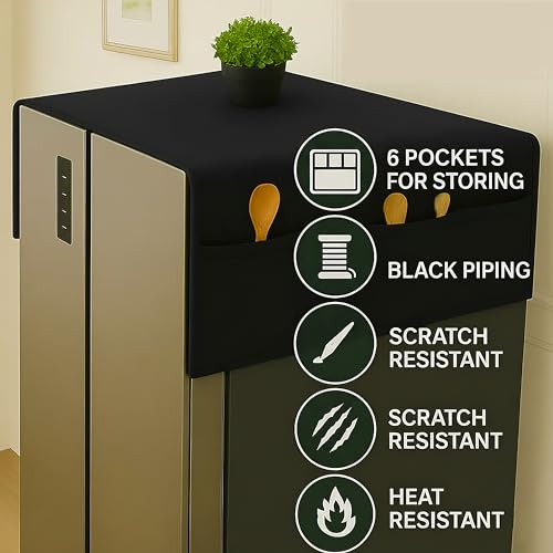 Image of Refrigerator Cover Double Door Waterproof, Dustproof, Refrigerator Top Cover, Protective Covers for Fridges with Extra Storage Space Nylon Top Fridge cover with 6 Storage Pockets (Black, 170 x 65 cm)