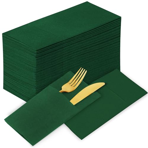 KAMMAK Dark Green Napkins Disposable with Pocket Cloth Like Dinner Paper Napkins 100 Pack Folded Guest Hand Towel for Party Decoration, Wedding Reception, Bathroom or Restaurant (16.5 x 16.5 inch)