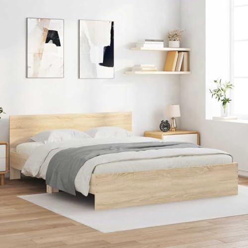 MOBCANT Bettgestell mit Kopfteil, Futonbett Doppelbett Bettrahmen Polsterbett Geeignet für Gästezimmer Schlafzimmer Hotel Wohnungen Sonoma-Eiche 140x200 cm