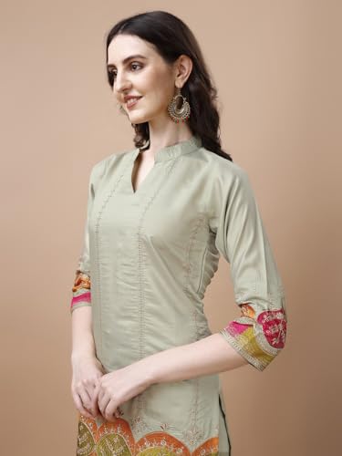 Image of Granthva Fab Women's Chanderi Silk Embroidered Straight Kurta with Palazzos and Dupatta