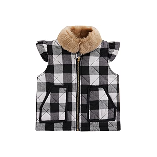 Toddler Baby Girl Boy Vest Coat Sleeveless Christmas Plaid Jacket Warm Waistcoat Fall Winter Outwear with Pockets (Faux Fur Neck-Black,4-5T)