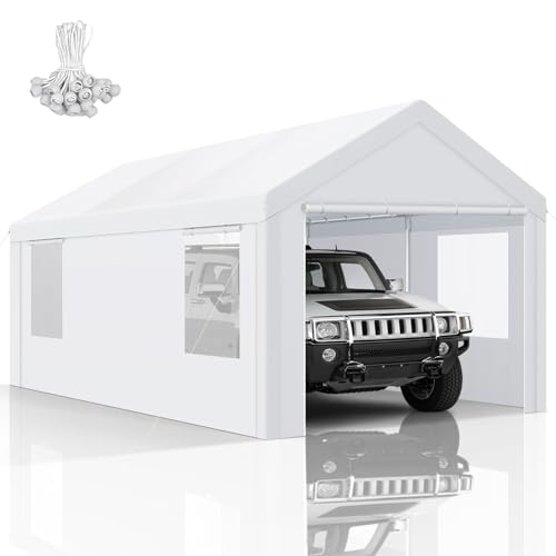 COBIZI 10x20 FT Heavy Duty Carport with Galvanized Frame, Carport Canopy with Roll-up Windows, Storage Tent with Removable Sidewalls & Doors, Built-in Sandbags for Car, Boat, Truck, White by COBIZI - Used condition - US$218.70