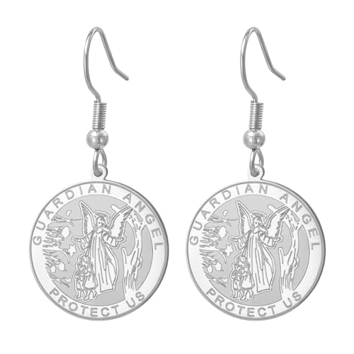 TEAMER Pendientes de Ángel de la Guarda Nuestro colgante redondo de medalla religiosa de Ángel de la Guarda Joyería de protección fe y fuerza para mujer (Argento)