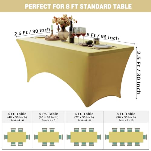 Image of FOLINS&HOME 2 Pack Yellow 8ft Fitted Spandex Water Resistant Tablecloth | Washable Elastic Rectangle Table Cover for 8 Foot Folding Tables, Stretch Table Cloth for Weddings, Banquets, Parties (2 Pcs)