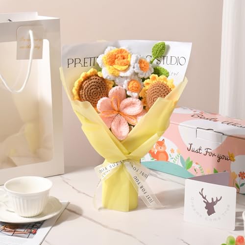 Gouraml Crochet Flower Bouquet, Crochet Flowers Handmade Yellow Roses Sunflowers Bouquet, Romantic Gift for Her, Wedding, Anniversary, Birthday Gift for Women Wife Lover Friends (Sunflower)