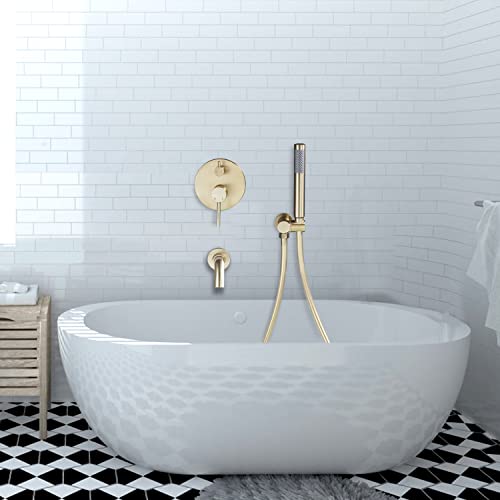 Azos Wall Mounted Bathtub Faucet With Handheld Shower, High Flow Rate Tub Filler Faucet Set With 360° Swivel Spout Fixtures, Brushed Gold Waterfall Tub Faucets #TOP6