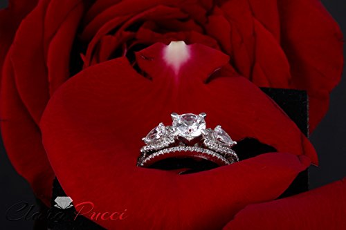 2.0Ct Round Pear Cut Solitaire 3 Stone Accent Lab Created White Sapphire & Simulated Diamond Engagement Promise Statement Anniversary Bridal Wedding Ring Band Set Real Solid 14K White Gold Size 11 #TOP3