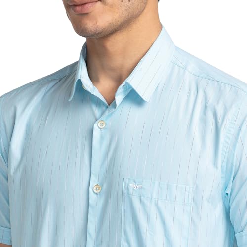 Image of Park Avenue Men's Pure Cotton Chambray Pattern Slim Fit Ainsley Collar Half Sleeve Casual Shirt