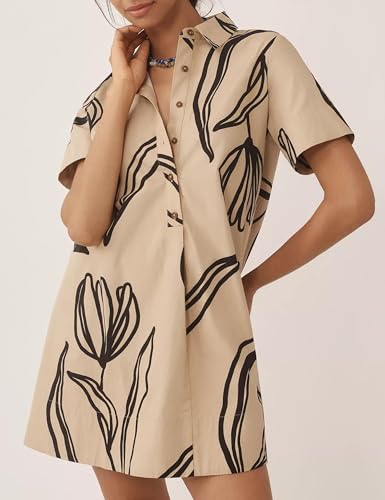Image of Women's Short Sleeve Swing Tunic Mini Dress Button Up Blouse Shirt Summer Loose Casual Flowy A Line Short Dresses