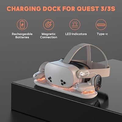 Charging Dock for Meta Quest 3S/3 with USB-C Charger, VR Magnetic Charging Station for Oculus 3 S with LED Indicator, 2 Rechargeable Batteries and Cable (Quest 3S with Adapter)