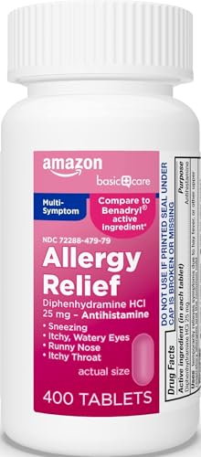 Image of Amazon Basic Care Complete Allergy Relief, Diphenhydramine HCl 25 mg, Easy to Swallow Mini-Tabs, Relieves Sneezing, Itchy Eyes, Runny Nose, Itchy Throat, 400 Count