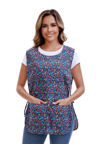 Nanxson Delantal de Limpieza de Algodón Estampado para Mujer, Delantal de Cocina con Bolsillos para Tareas Domésticas, Jardinería, Pintura