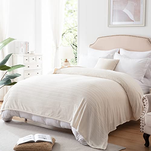 Bertte 330 Gsm Lightweight Fluffy Cozy Luxury Decorative Stripe Bed Couch Plush Throw Super Soft Fuzzy Warm Blanket, Queen(90"X 90"), Ivory White #TOP5