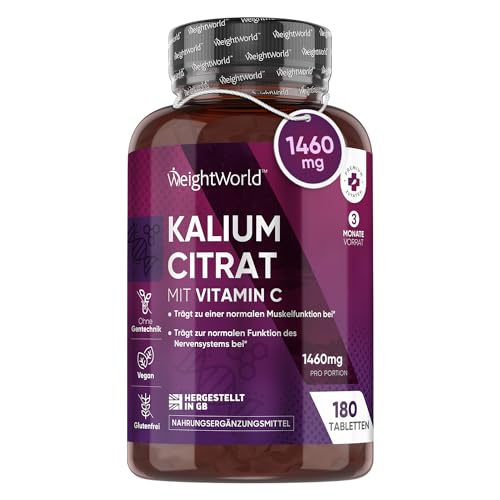 Kalium Tabletten - 1460mg je Tagesdosis (80mg Vit C & 1380mg Kaliumcitrat) - 180 vegane Stück - 500mg aktive Potassium - Musk